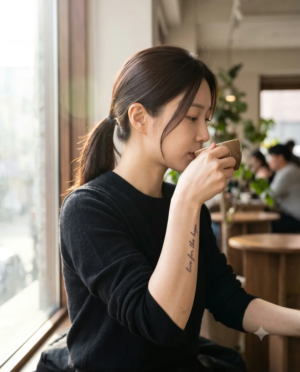 AI 연출 이미지, 카페 창가에서 도자기 커피 잔을 든 가상 모델의 팔 안쪽에 필기체 레터링이 자연스럽게 보이는 일상 컷