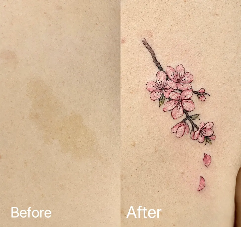 연재타투가 공개한 타투 작업 사진 — 탄생화 벚꽃 커버업 타투 🌸