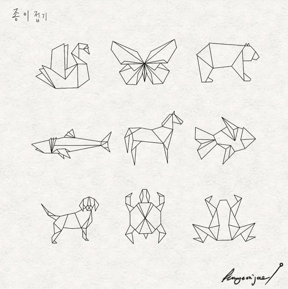연재타투가 공개한 타투 작업 사진 — 라인워크 미니 종이접기 타투