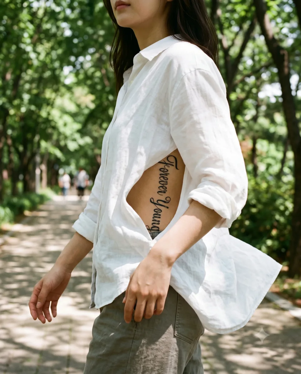 AI-staged image: a virtual model in her twenties on an afternoon walk, her shirt hem lifted by the wind to reveal a thin line of lettering on her side; not a real client or an actual tattooing scene