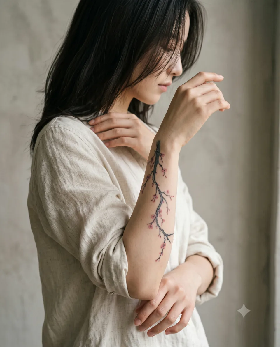 AI 연출 이미지, 20대 한국인 가상 모델이 옆모습으로 서서 한 손을 어깨에 얹고 팔뚝의 가지 타투를 옆선으로 보여주는 화보 포즈