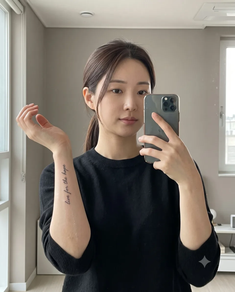 AI 연출 이미지, 20대 한국인 가상 모델이 거울 앞에서 팔 안쪽 레터링 위치를 확인하는 모습
