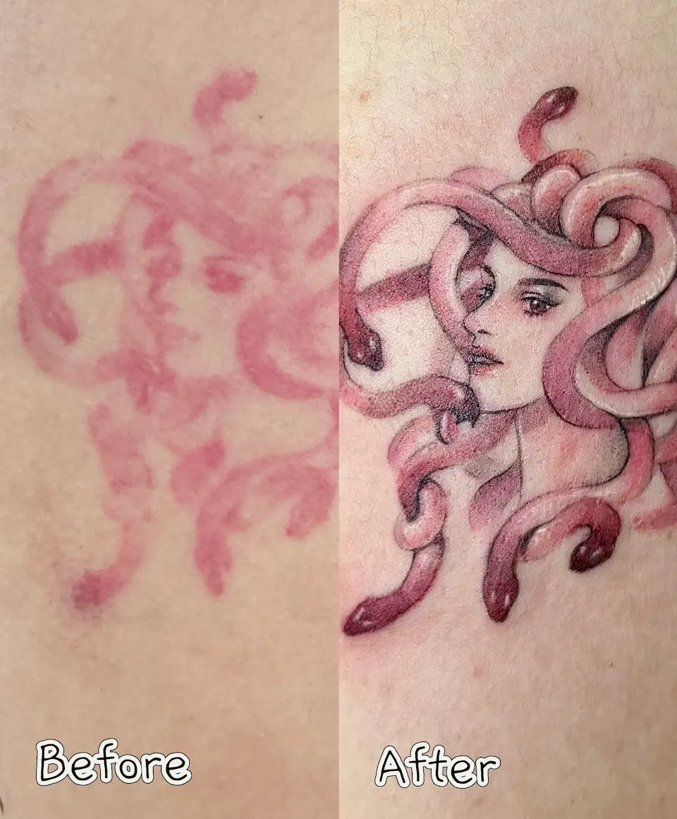 Tattoo artwork shared by Yeonjae Tattoo — Medusa cover & rework 🐍