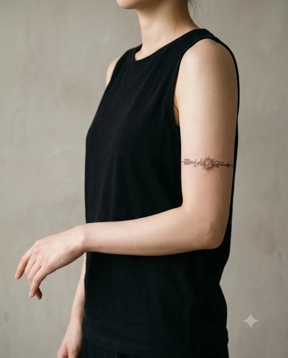 AI 연출 이미지, 얼굴 없이 팔을 가볍게 뻗은 20대 한국인 가상 모델의 위팔에 가는 띠 타투가 보이는 화보 포즈, 실제 고객·실제 시술 장면이 아님