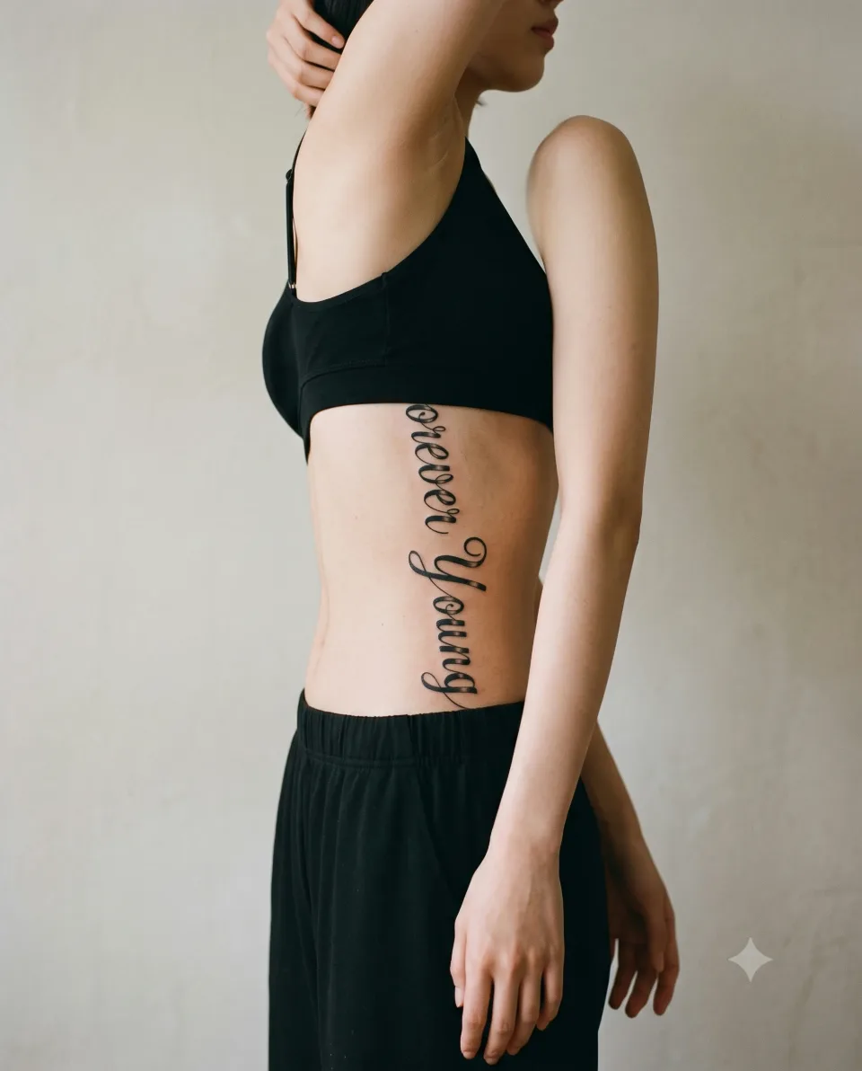 AI-staged image: a faceless virtual Korean model in her twenties raising one arm to show the line of her side in a chic editorial pose; not a real client or an actual tattooing scene