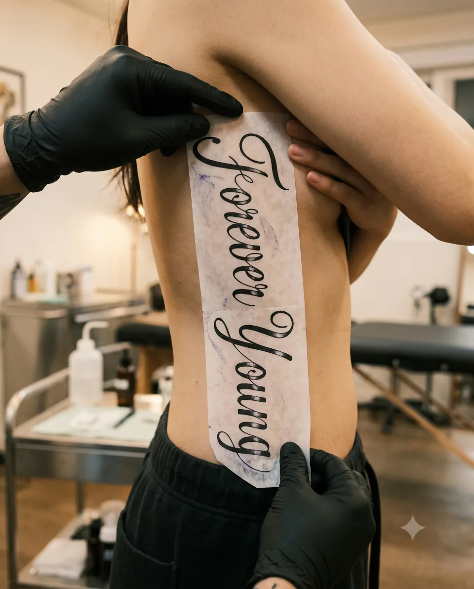 AI-staged image: a gloved hand holding a long lettering stencil against the side of the torso to check length and angle along the body line; not a real client or an actual tattooing scene