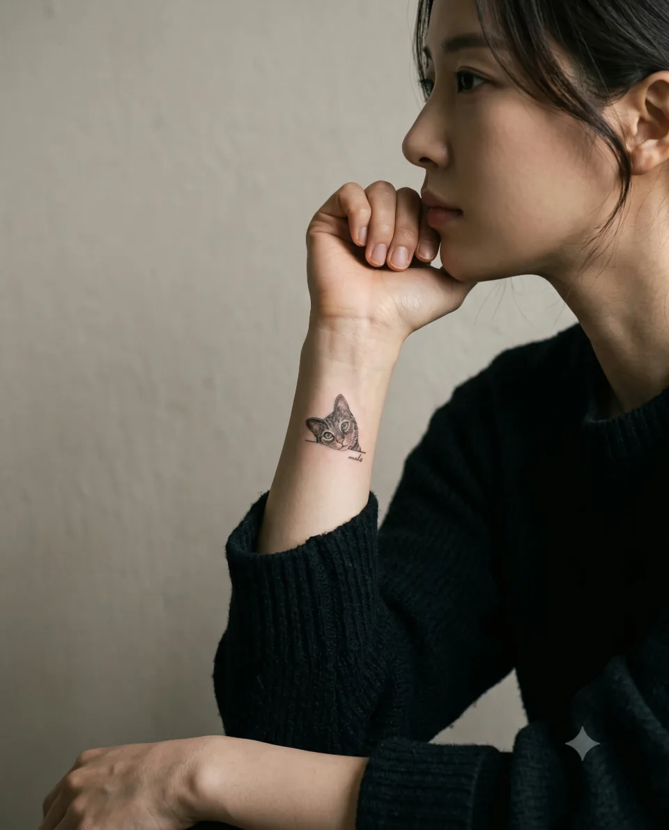 AI 연출 이미지, 20대 한국인 가상 모델이 소매를 걷고 턱을 괸 채 팔뚝을 보여 주는 시크한 옆모습 포즈. 실제 고객·실제 시술 장면이 아님