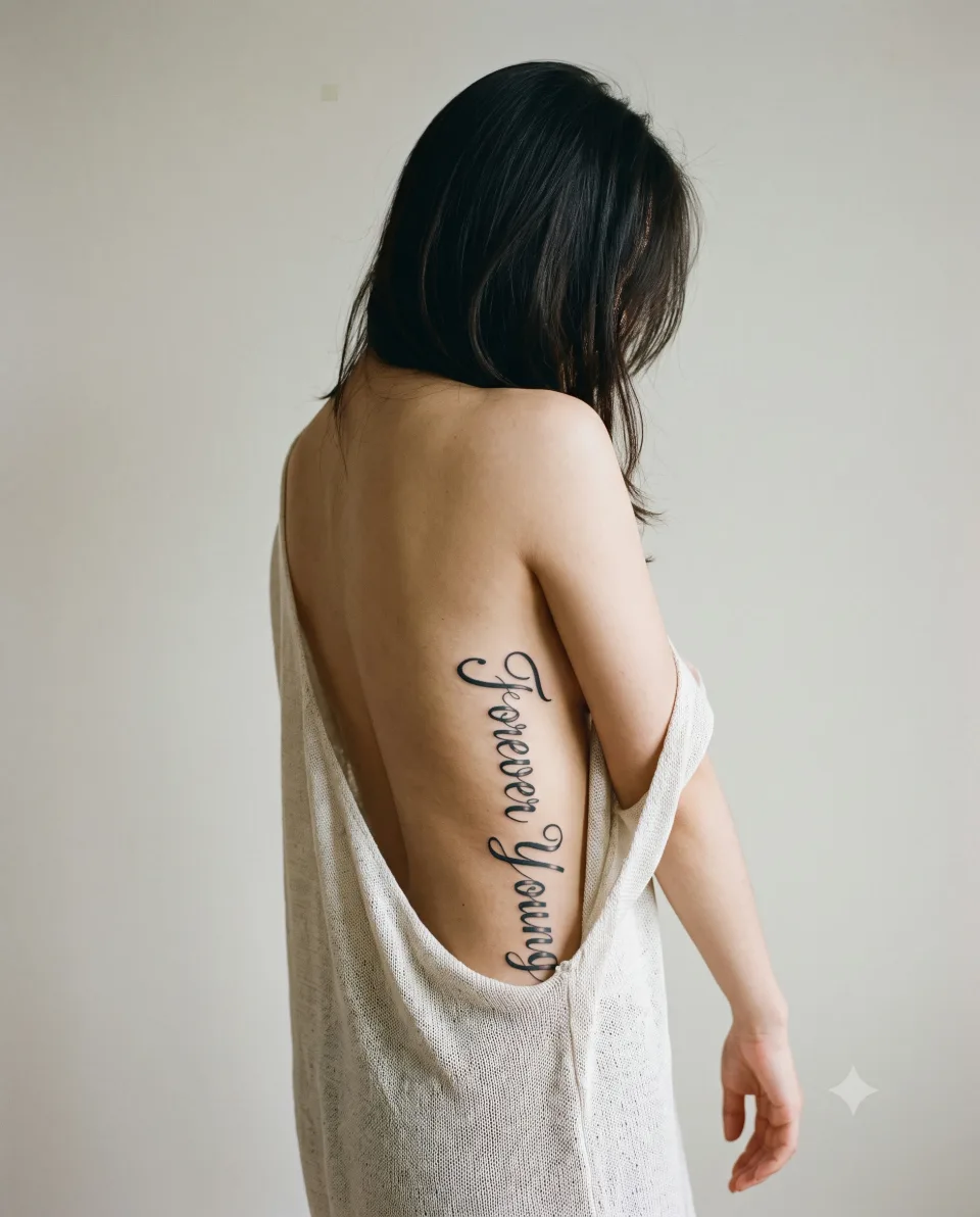 AI-staged image: a virtual Korean model in her twenties seen from behind, showing her back and the line of her spine without her face, in a natural editorial pose; not a real client or an actual tattooing scene