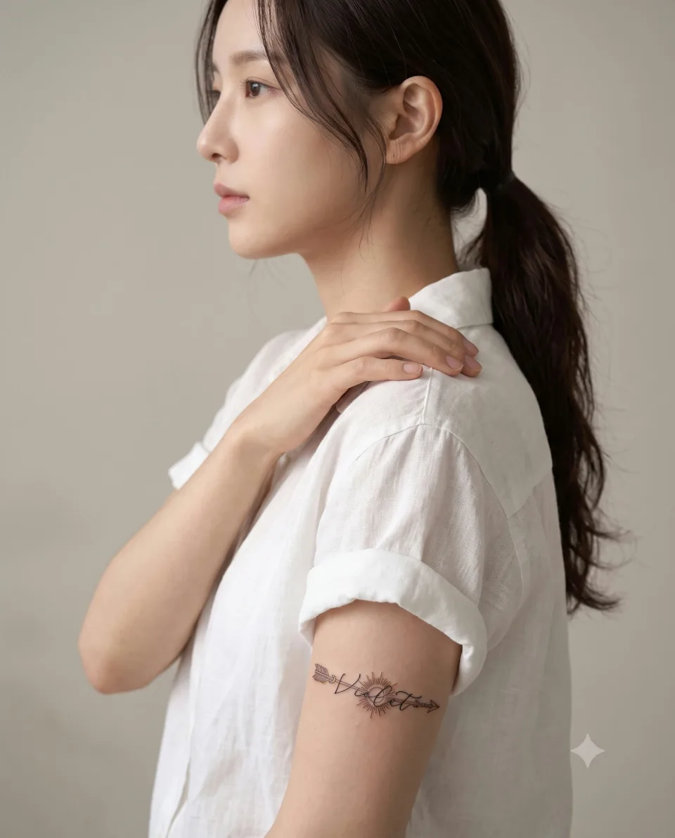 AI 연출 이미지, 20대 한국인 가상 모델의 옆모습과 어깨선, 걷어 올린 소매 아래 위팔의 얇은 띠 타투가 보이는 시크한 화보 포즈, 실제 고객·실제 시술 장면이 아님