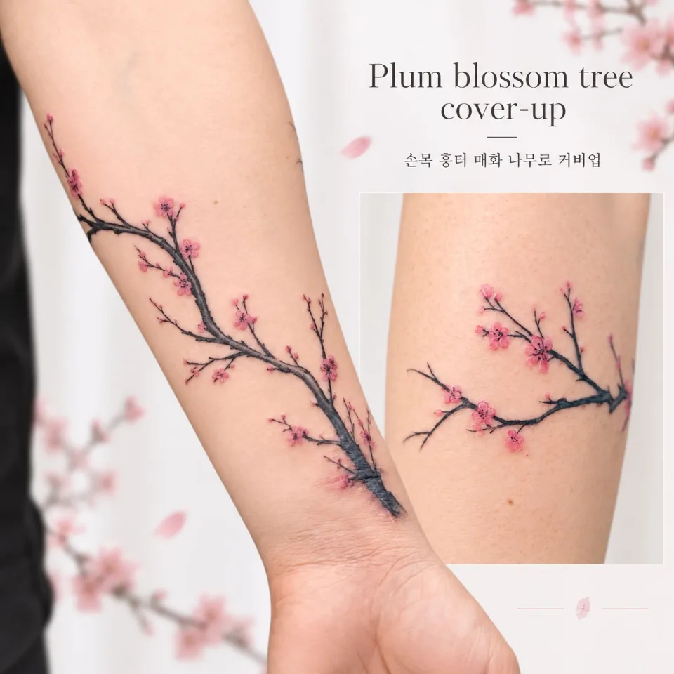 손목에서 팔뚝으로 이어지는 매화 가지 타투 사진 위에 Plum blossom tree cover-up과 한글 안내 문구가 얹히고, 오른쪽에 팔뚝을 가까이서 찍은 사진이 함께 들어간 합성 안내 문구 이미지