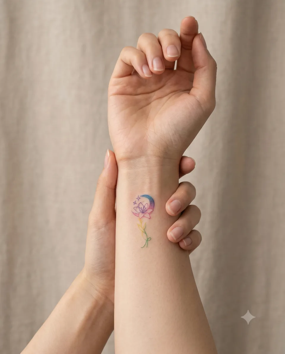 AI 연출 이미지, 20대 한국인 가상 모델이 한 손으로 반대쪽 손목을 감싸 안쪽을 보여주는 얼굴 없는 클로즈업 화보. 실제 고객·실제 시술 장면이 아님