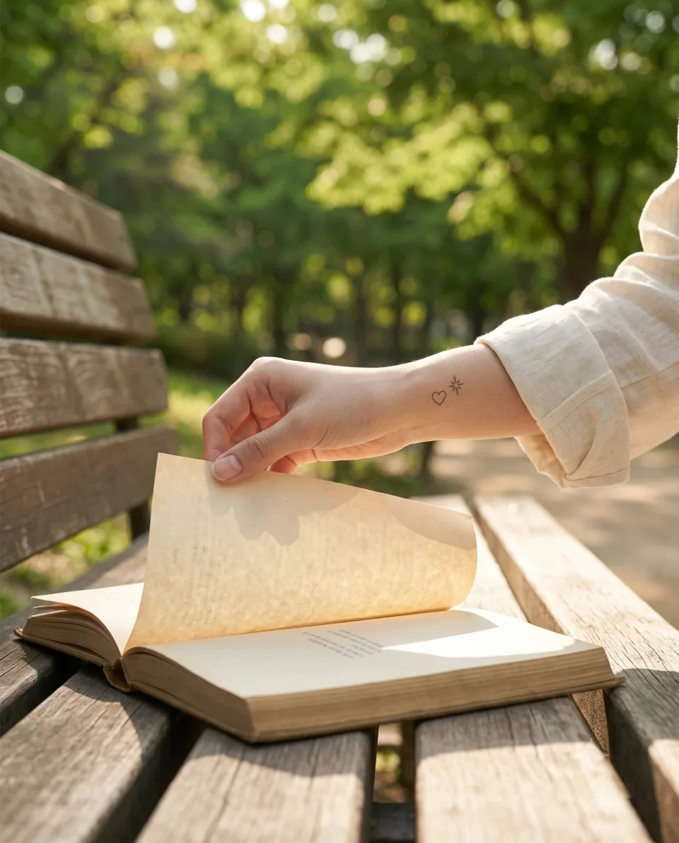 AI 연출 이미지, 공원 벤치에서 책장을 넘기는 손과 팔을 담은 일상 장면. 실제 고객·실제 시술 장면이 아님
