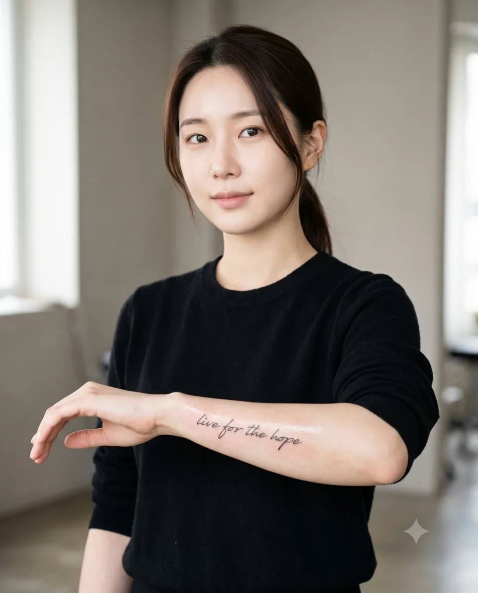 AI 연출 이미지, 20대 한국인 가상 모델이 검은 니트 소매를 걷어 팔 안쪽의 필기체 레터링 위치를 보여주는 화보 포즈