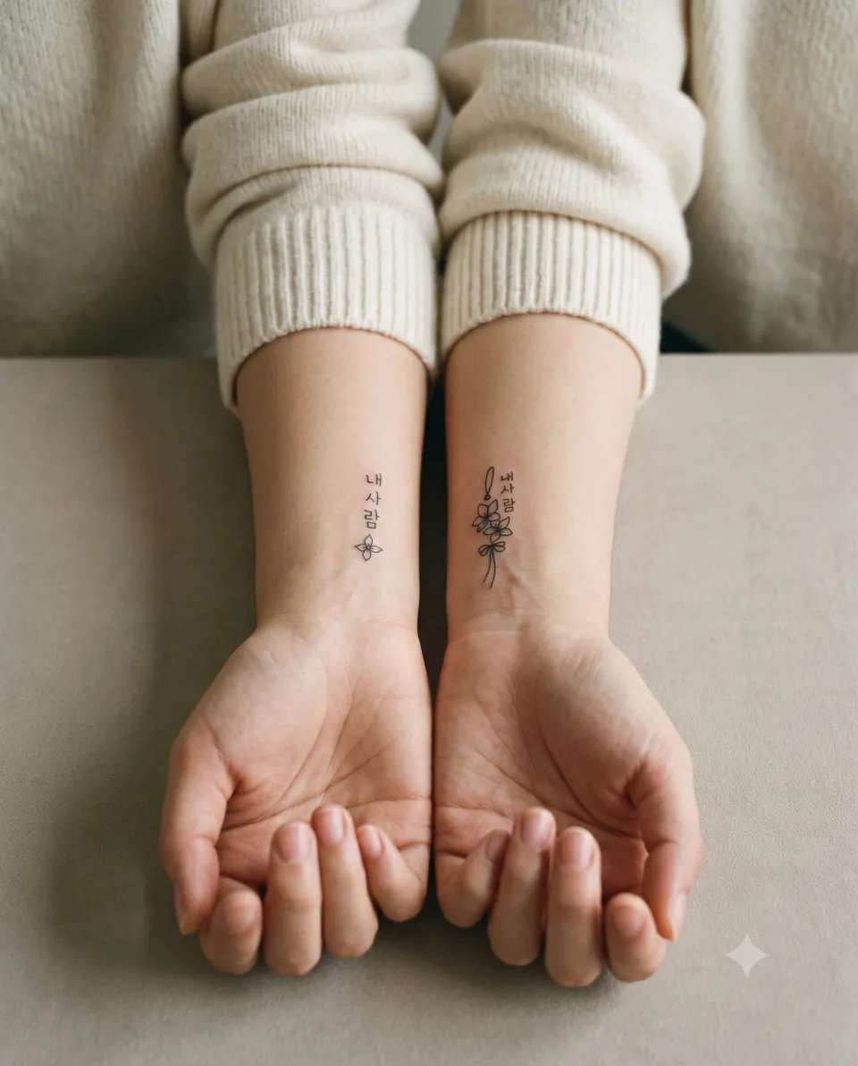 AI 연출 이미지, 20대 한국인 가상 모델 두 명이 소매를 걷고 손목을 나란히 맞댄 화보 포즈. 실제 고객·실제 시술 장면이 아님