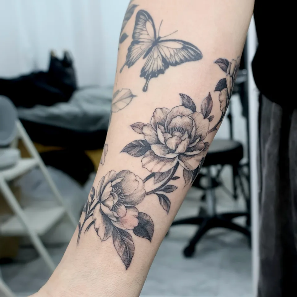 Tattoo artwork shared by Yeonjae Tattoo — Peonies were added to fill the empty space on…