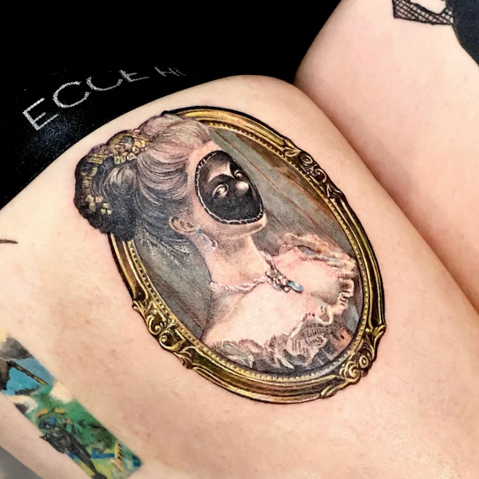 Tattoo artwork shared by Yeonjae Tattoo — Woman with traditional venetian mask