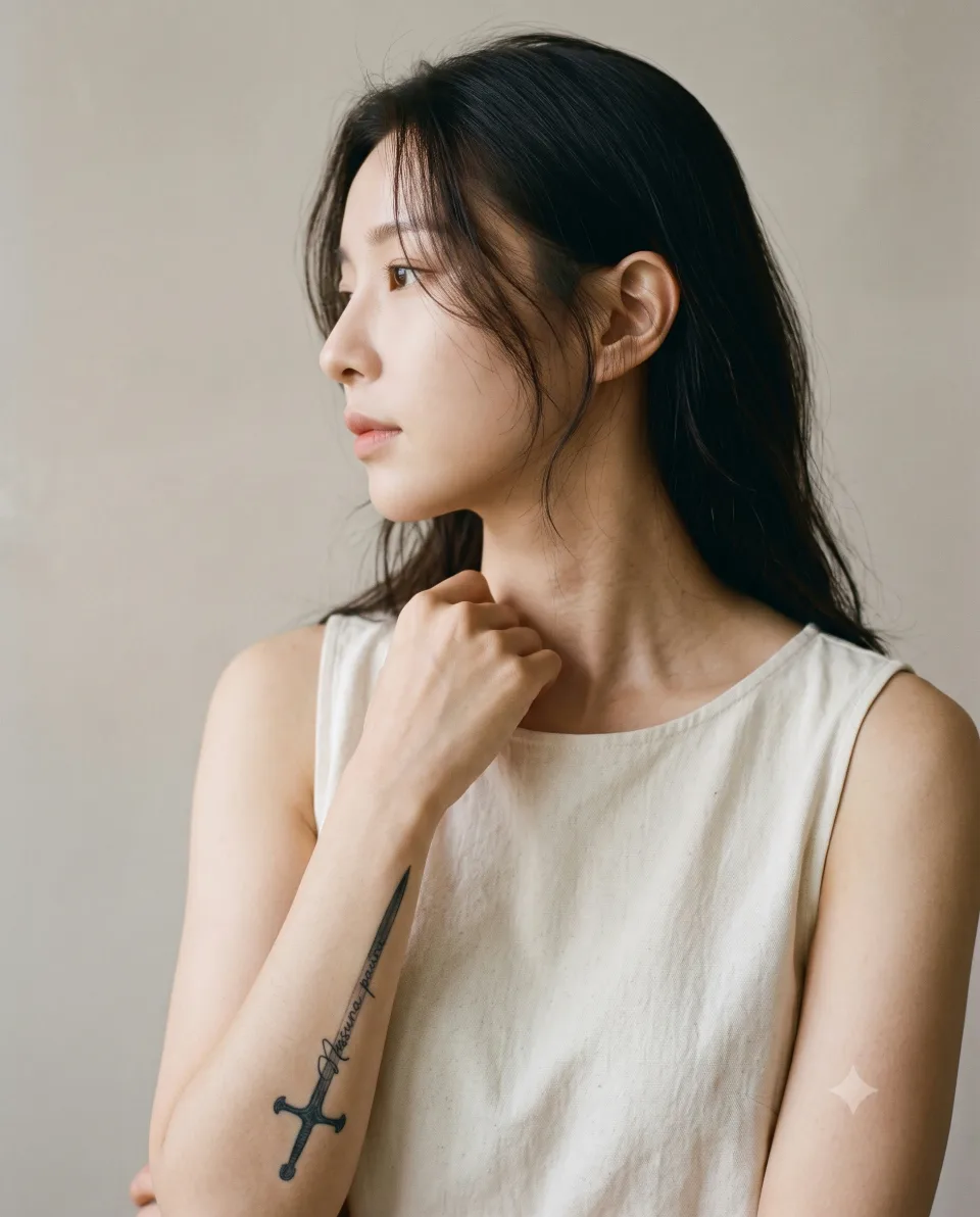 AI 연출 이미지, 20대 한국인 가상 모델이 고개를 돌려 쇄골 라인을 보여주는 내추럴하고 시크한 옆모습 화보. 실제 고객·실제 시술 장면이 아님
