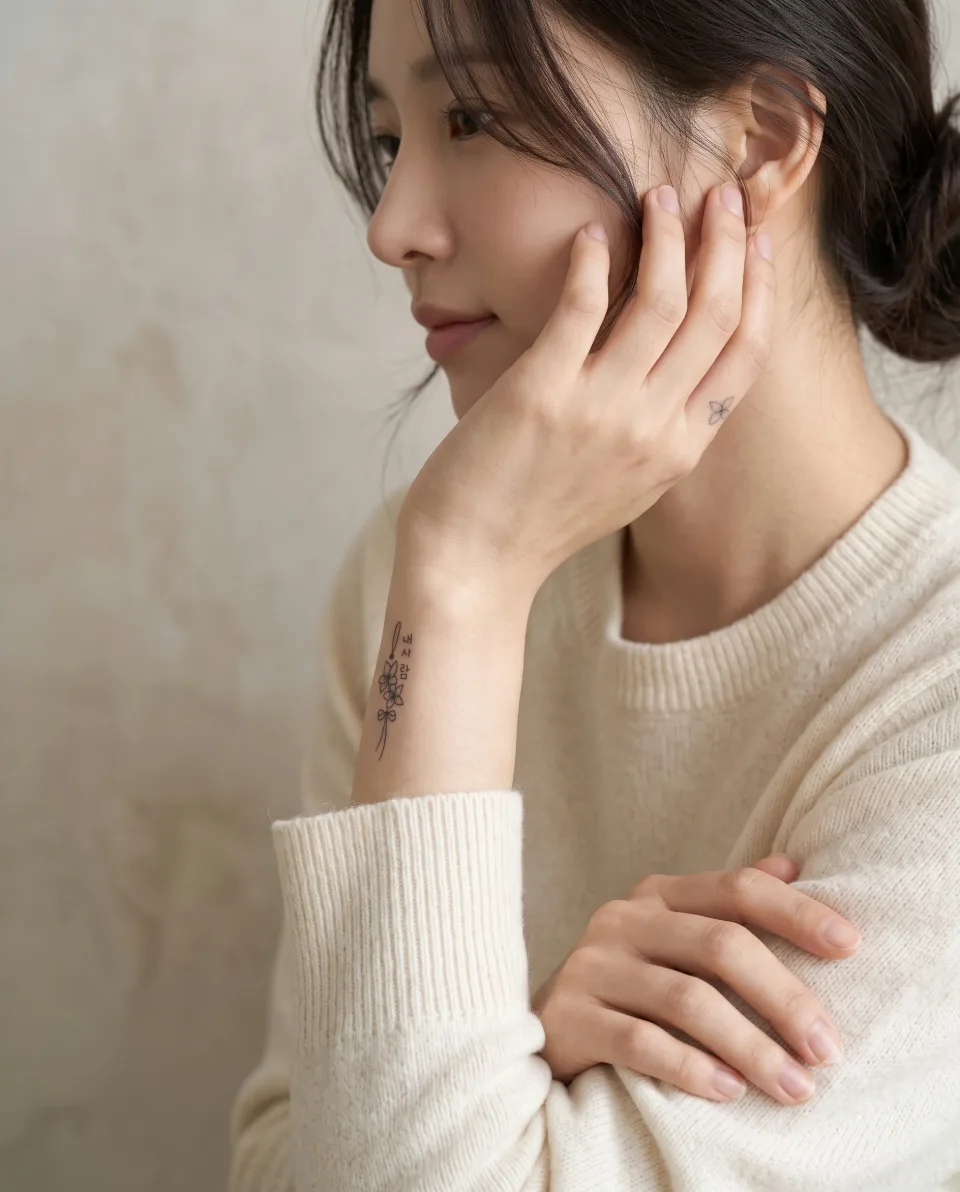 AI 연출 이미지, 20대 한국인 가상 모델이 손을 가볍게 들어 손등과 손가락의 선을 보여 주는 옆모습 포즈. 실제 고객·실제 시술 장면이 아님