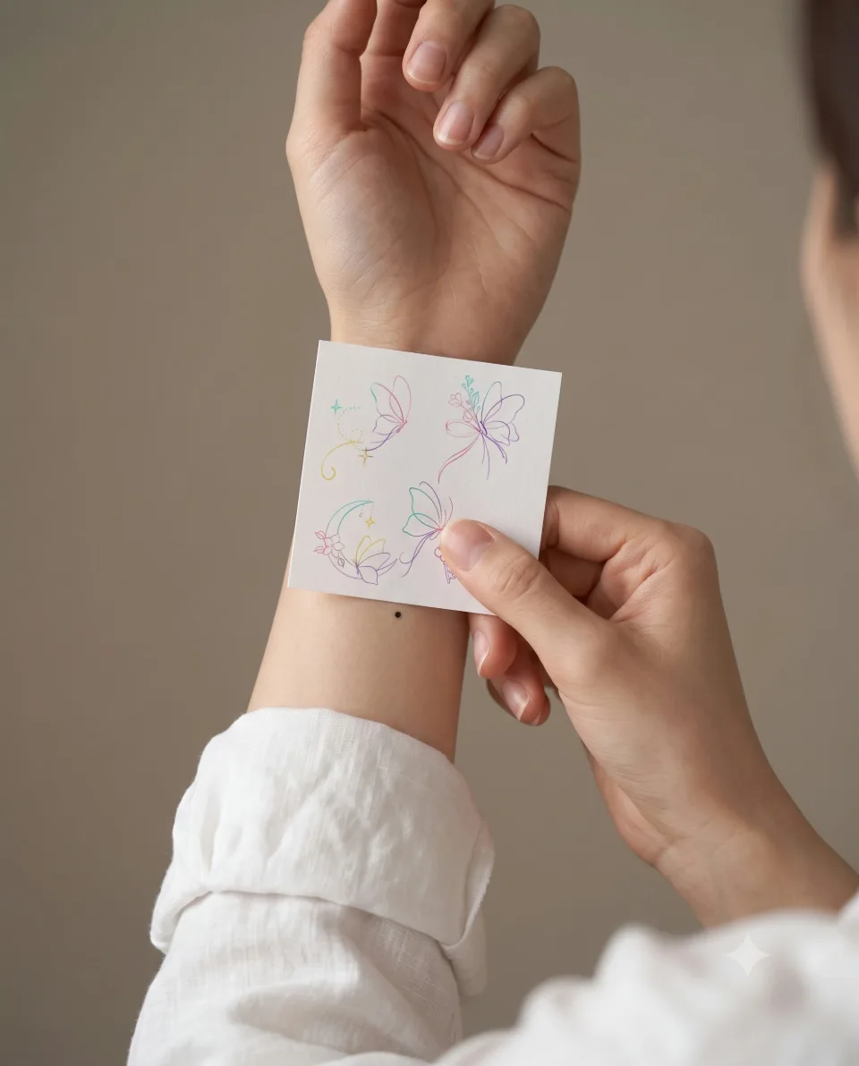 AI 연출 이미지, 20대 한국인 가상 모델이 도안 시트 인쇄물을 손목 안쪽에 대어 보는 화보 포즈, 얼굴은 나오지 않음. 실제 고객·실제 시술 장면이 아님